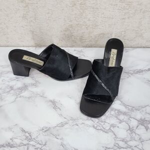 Brighton Tilly Italian Leather Calf Hair Women's Black Heeled Sandals Mules